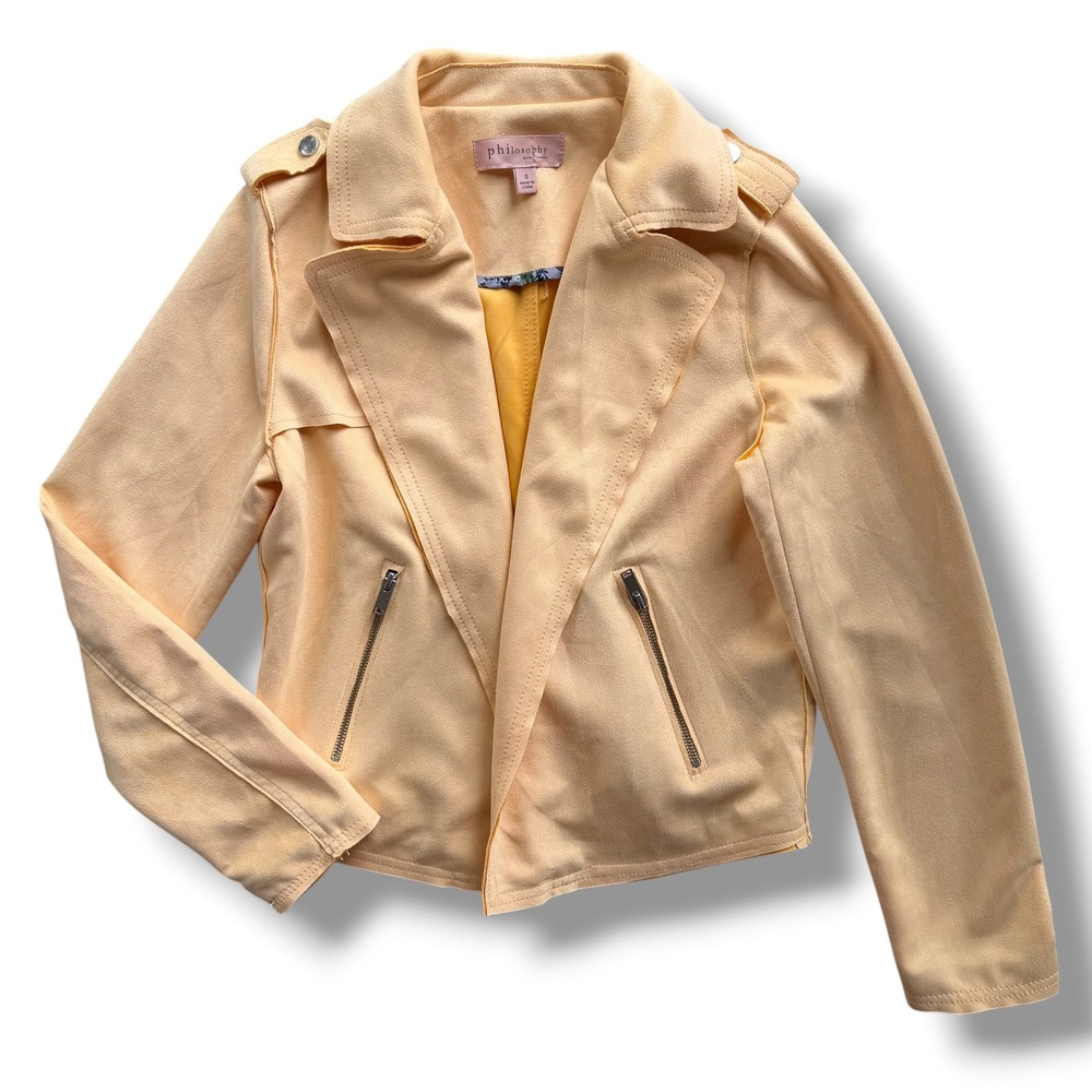 Philosophy Republic Clothing S Yellow Faux Suede Open Front Moto Jacket Epaulete